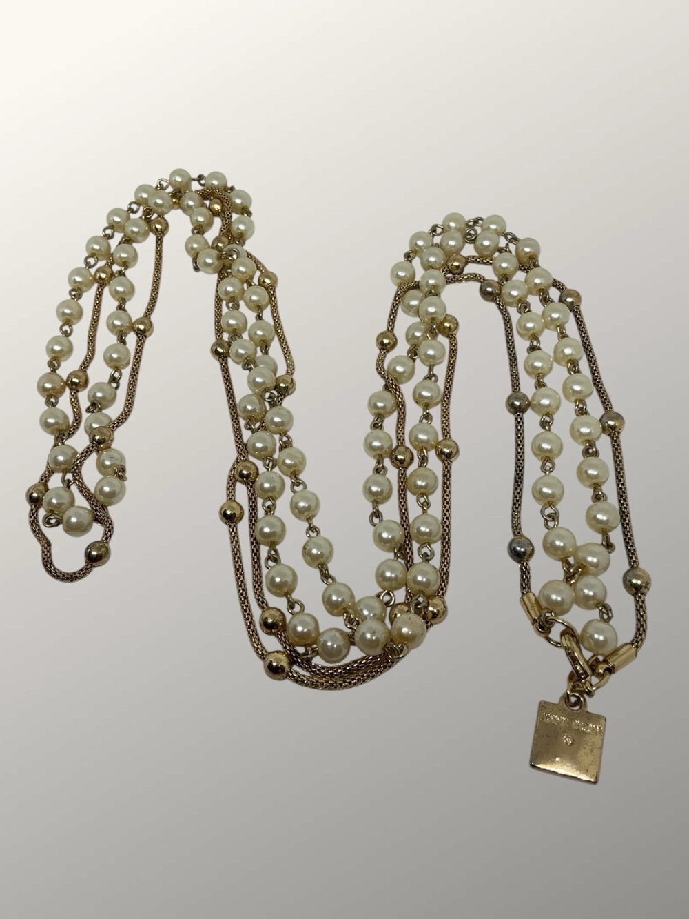 VTG Anne Klein Long Double Strand Necklace Faux Pearl Gold Tone Chain